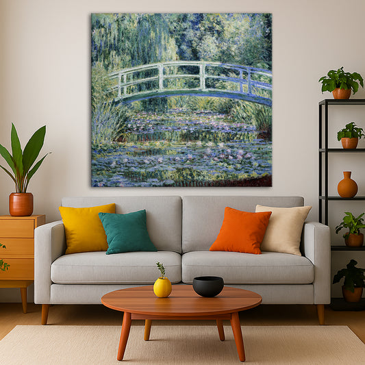 Claude Monet - Water Lilies and Japanese Bridge Giclée canvas print displayed in a modern living room interior