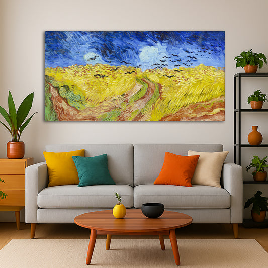 Vincent van Gogh - Wheatfield with Crows Giclée canvas print displayed in a modern living room interior