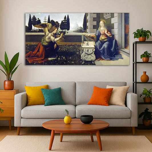 Leonardo Da Vinci - Annunciation Giclée canvas print displayed in a modern living room interior