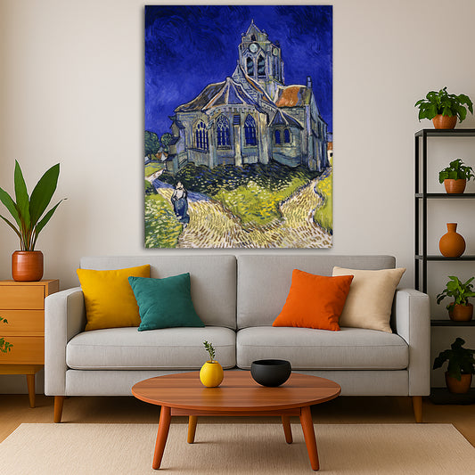 Vincent van Gogh - The Church at Auvers Giclée canvas print displayed in a modern living room interior