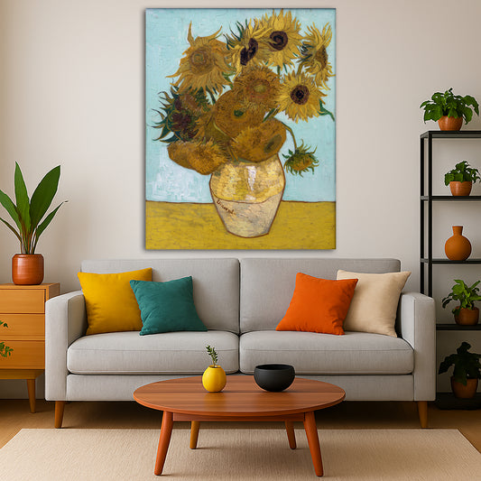 Vincent van Gogh - Sunflowers Giclée canvas print displayed in a modern living room interior