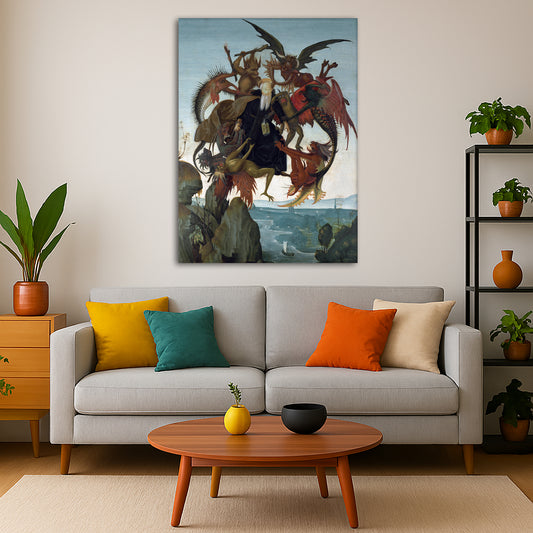 Michelangelo - Torment of St Anthony Giclée canvas print displayed in a modern living room interior