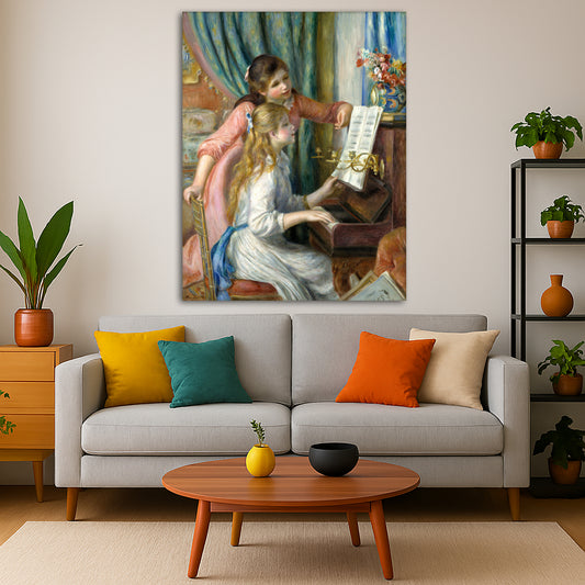 Pierre-Auguste Renoir - Girls at the Piano Giclée canvas print displayed in a modern living room interior