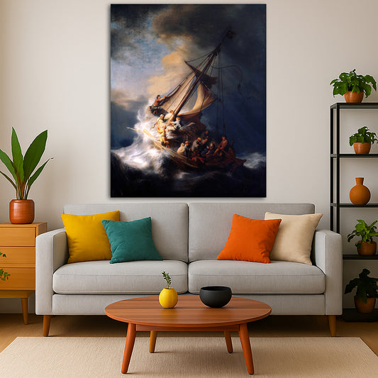 Rembrandt van Rijn - Storm on the Sea of Galilee Giclée canvas print displayed in a modern living room interior