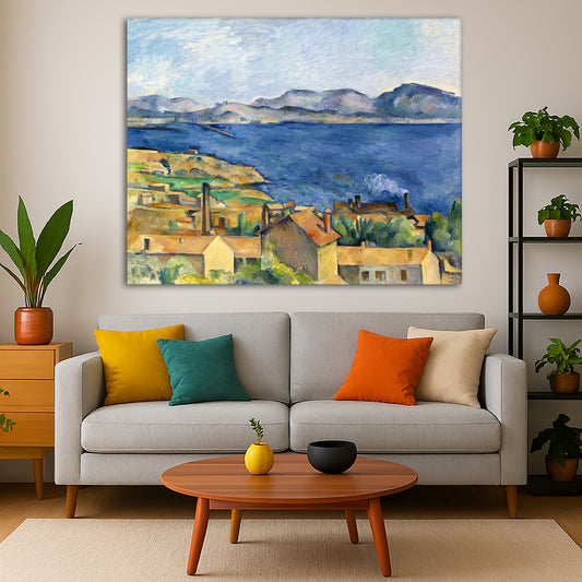 Paul Cézanne - The Bay of Marseilles Giclée canvas print displayed in a modern living room interior