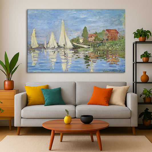 Claude Monet - Regatta at Argenteuil Giclée canvas print displayed in a modern living room interior