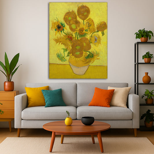 Vincent van Gogh - Sunflowers in a Vase Giclée canvas print displayed in a modern living room interior
