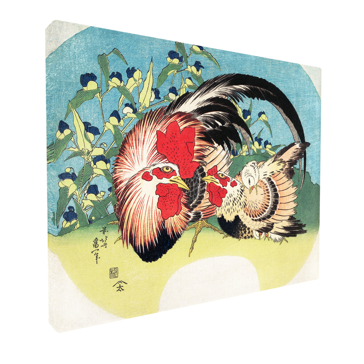 Katsushika Hokusai - Rooster Hen Chick fine art Giclée canvas print, gallery wrapped and ready to hang