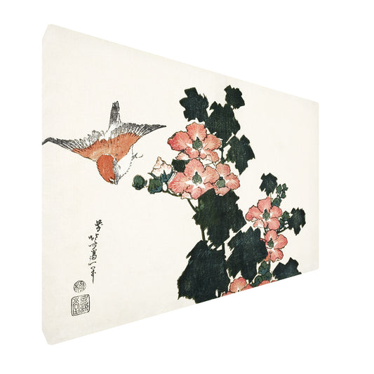 Katsushika Hokusai - Red Roses and Bird fine art Giclée canvas print, gallery wrapped and ready to hang