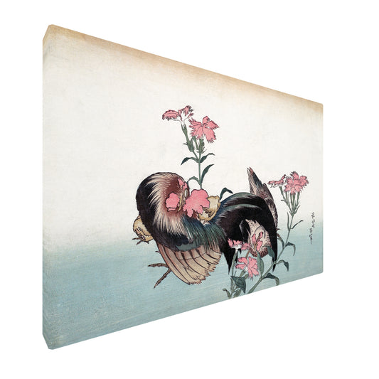 Katsushika Hokusai - Rooster and Flower fine art Giclée canvas print, gallery wrapped and ready to hang