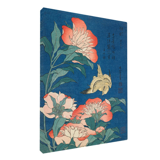 Katsushika Hokusai - Peonies and Canary fine art Giclée canvas print, gallery wrapped and ready to hang