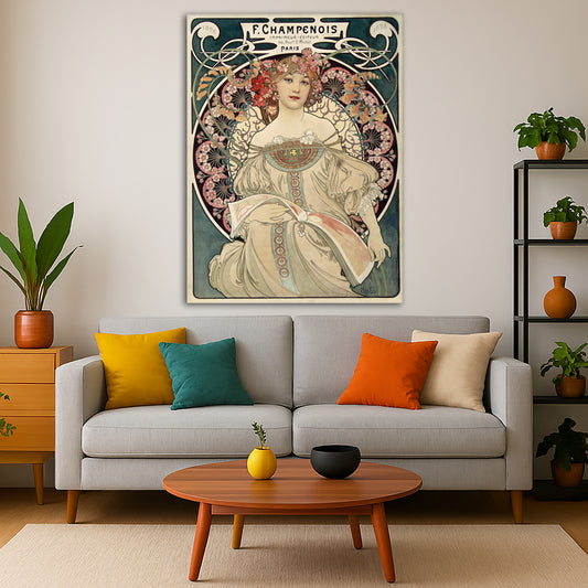 Alphonse Mucha - – F. Champenois Imprimeur-Éditeur Giclée canvas print displayed in a modern living room interior
