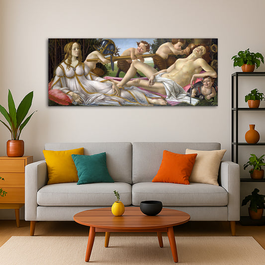 Sandro Botticelli - Mars and Venus Giclée canvas print displayed in a modern living room interior