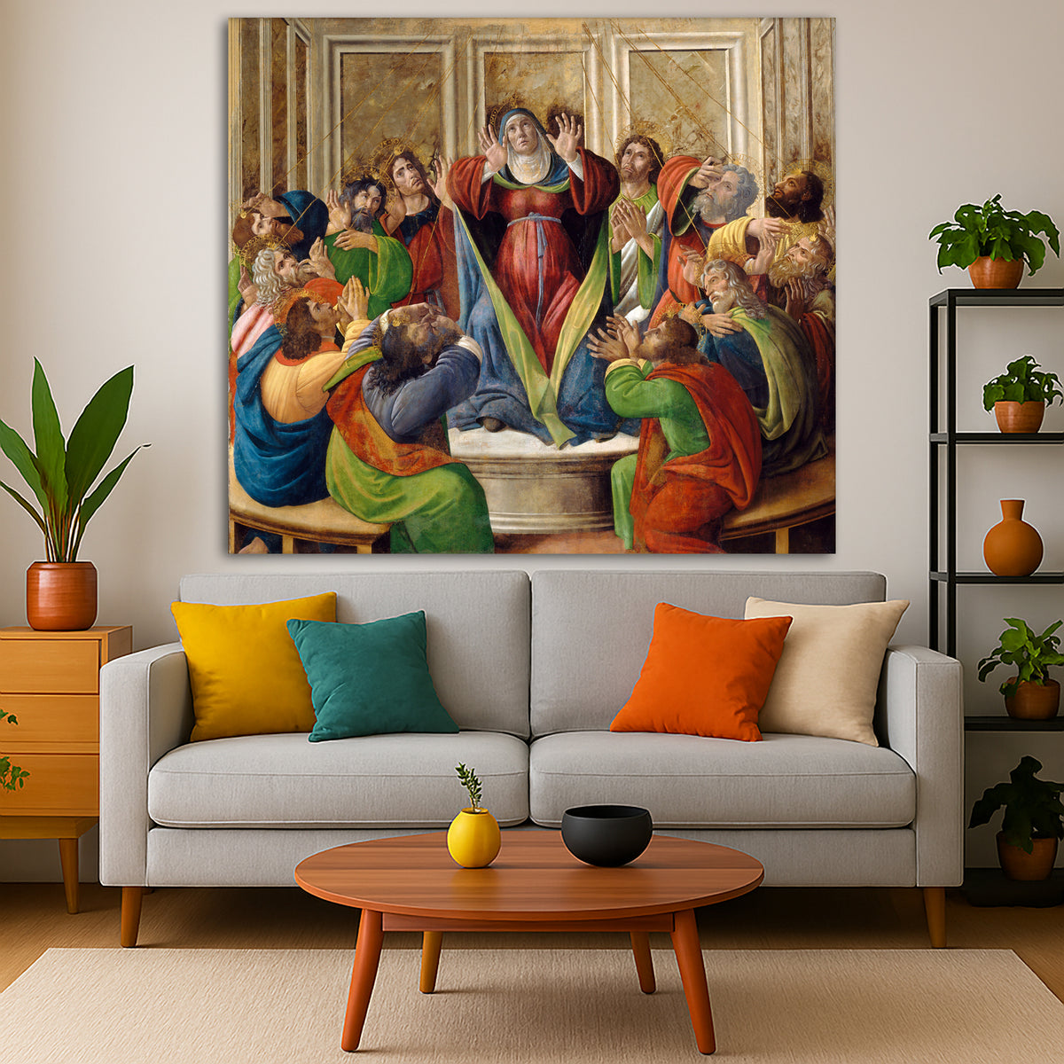 Sandro Botticelli - Descent of the Holy Spirit Giclée canvas print displayed in a modern living room interior