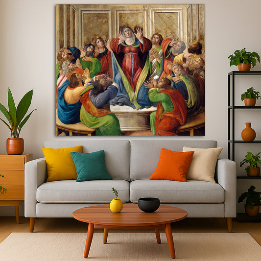 Sandro Botticelli - Descent of the Holy Spirit Giclée canvas print displayed in a modern living room interior