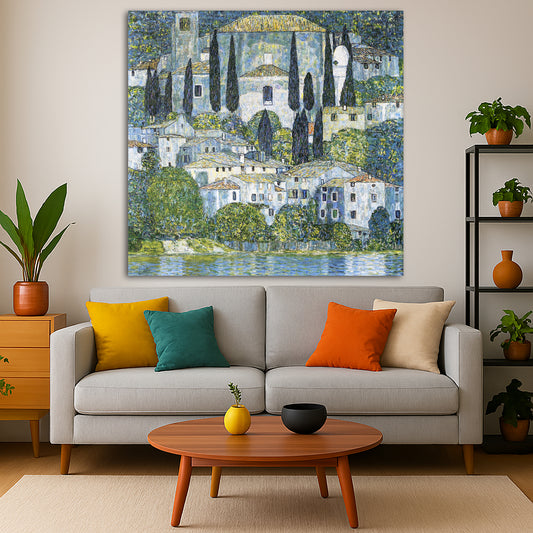 Gustav Klimt - Church in Cassone Giclée canvas print displayed in a modern living room interior