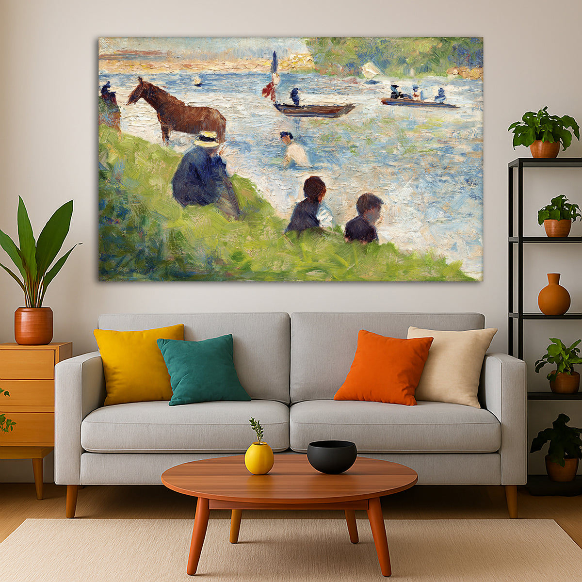 Georges Seurat - Horse and Boats Giclée canvas print displayed in a modern living room interior