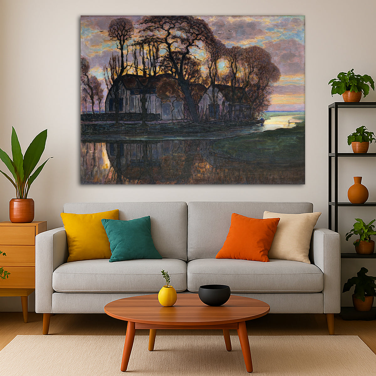 Piet Mondrian - Farm Near Duivendrecht Giclée canvas print displayed in a modern living room interior