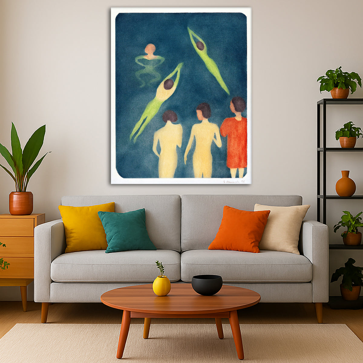 Edvard Munch - Bathing Boys Giclée canvas print displayed in a modern living room interior