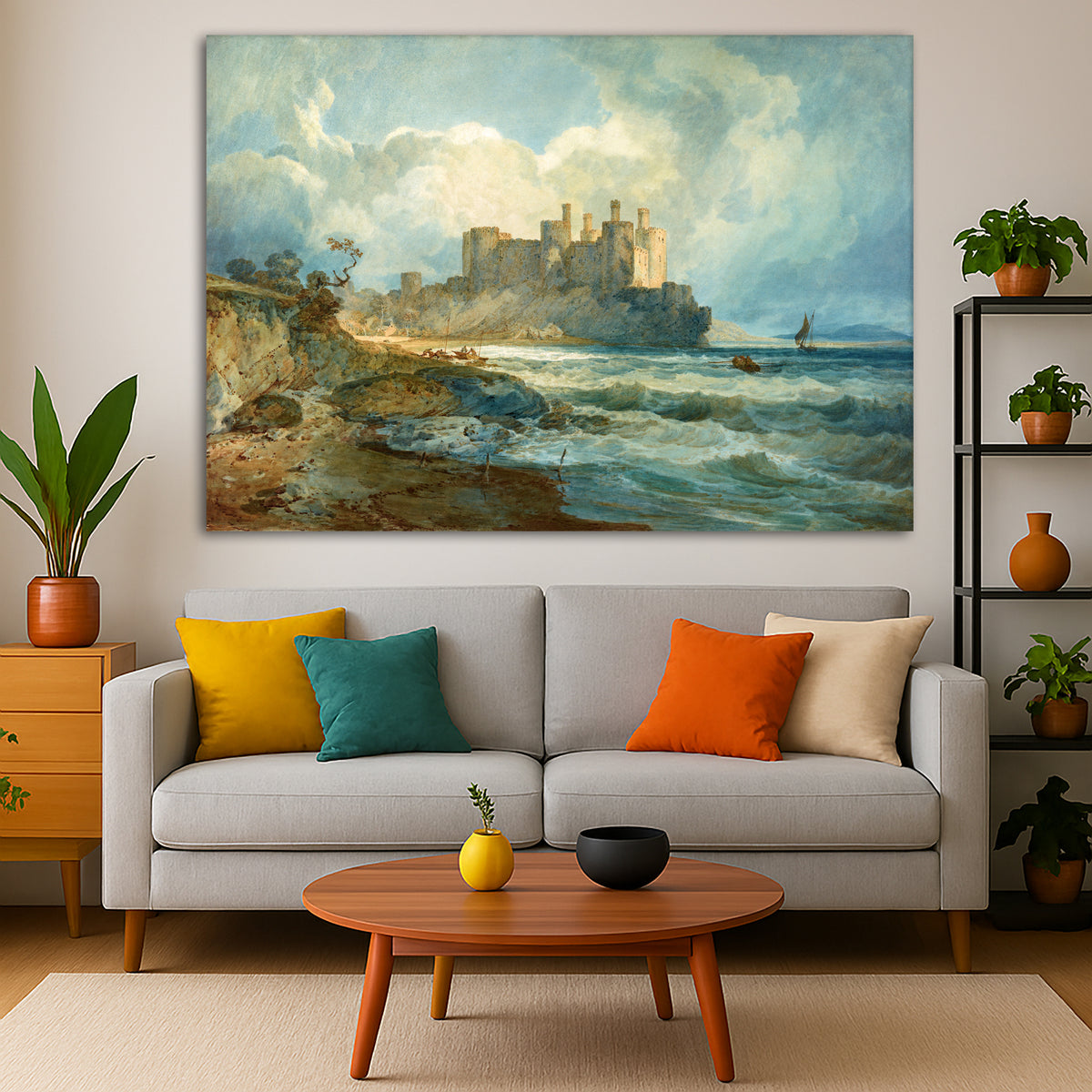 William Turner - Conway Castle North Wales Giclée canvas print displayed in a modern living room interior