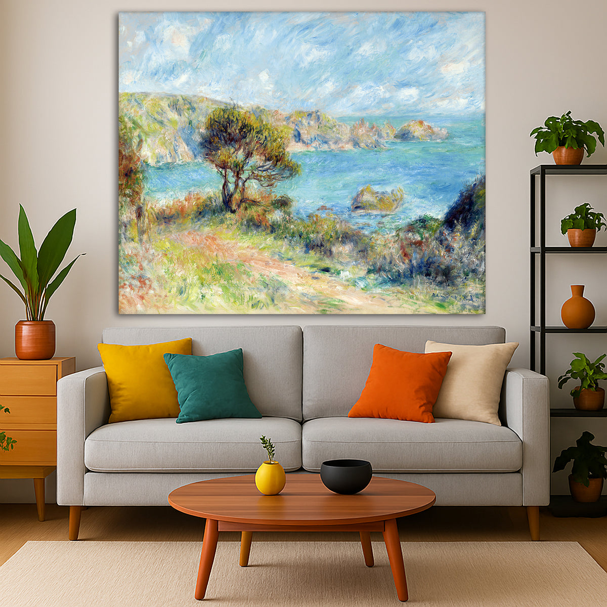 Pierre-Auguste Renoir - View at Guernsey Giclée canvas print displayed in a modern living room interior