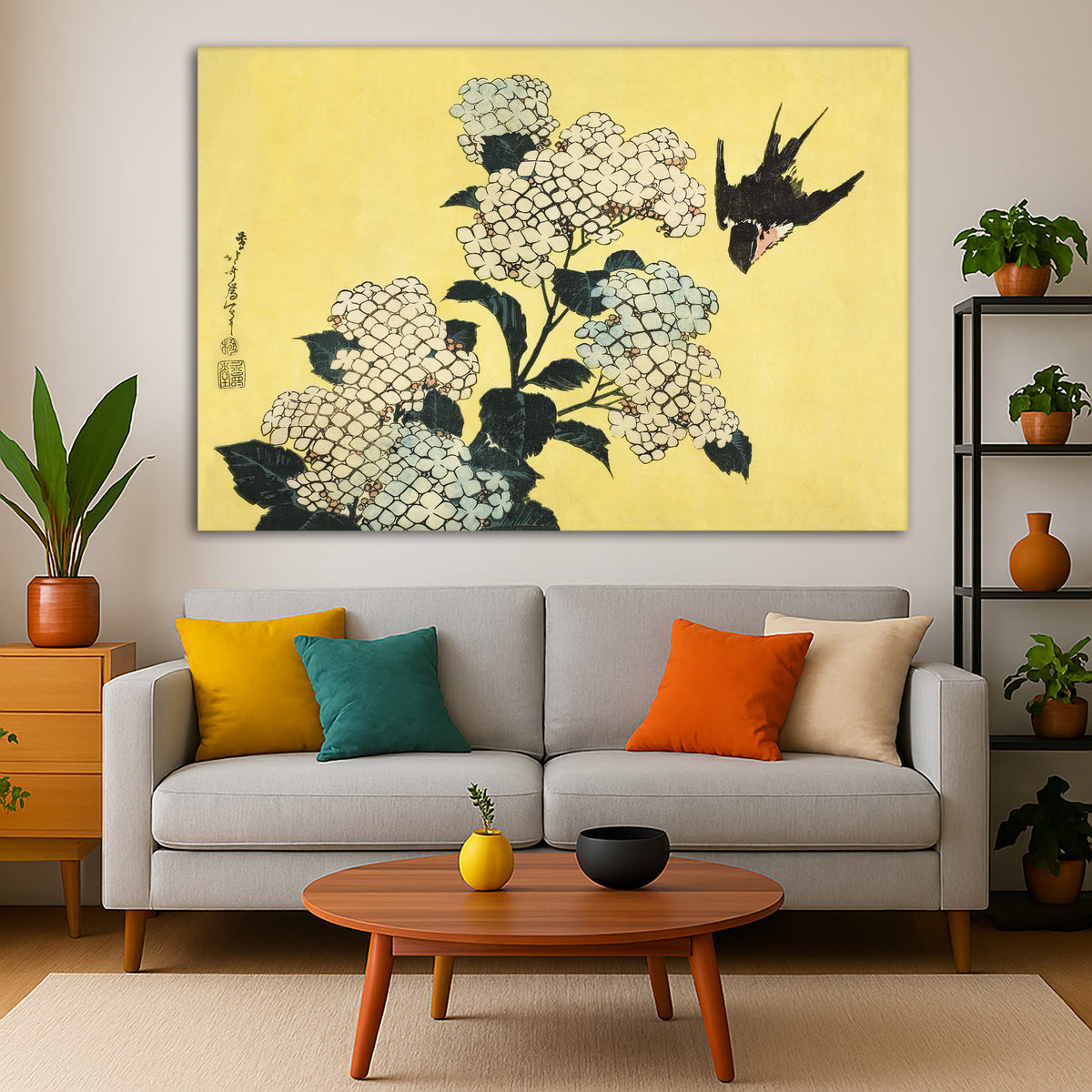 Katsushika Hokusai - Hydrangeas and Swallow Giclée canvas print displayed in a modern living room interior