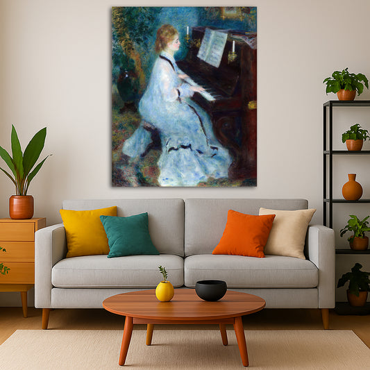 Pierre-Auguste Renoir - Woman at the Piano Giclée canvas print displayed in a modern living room interior