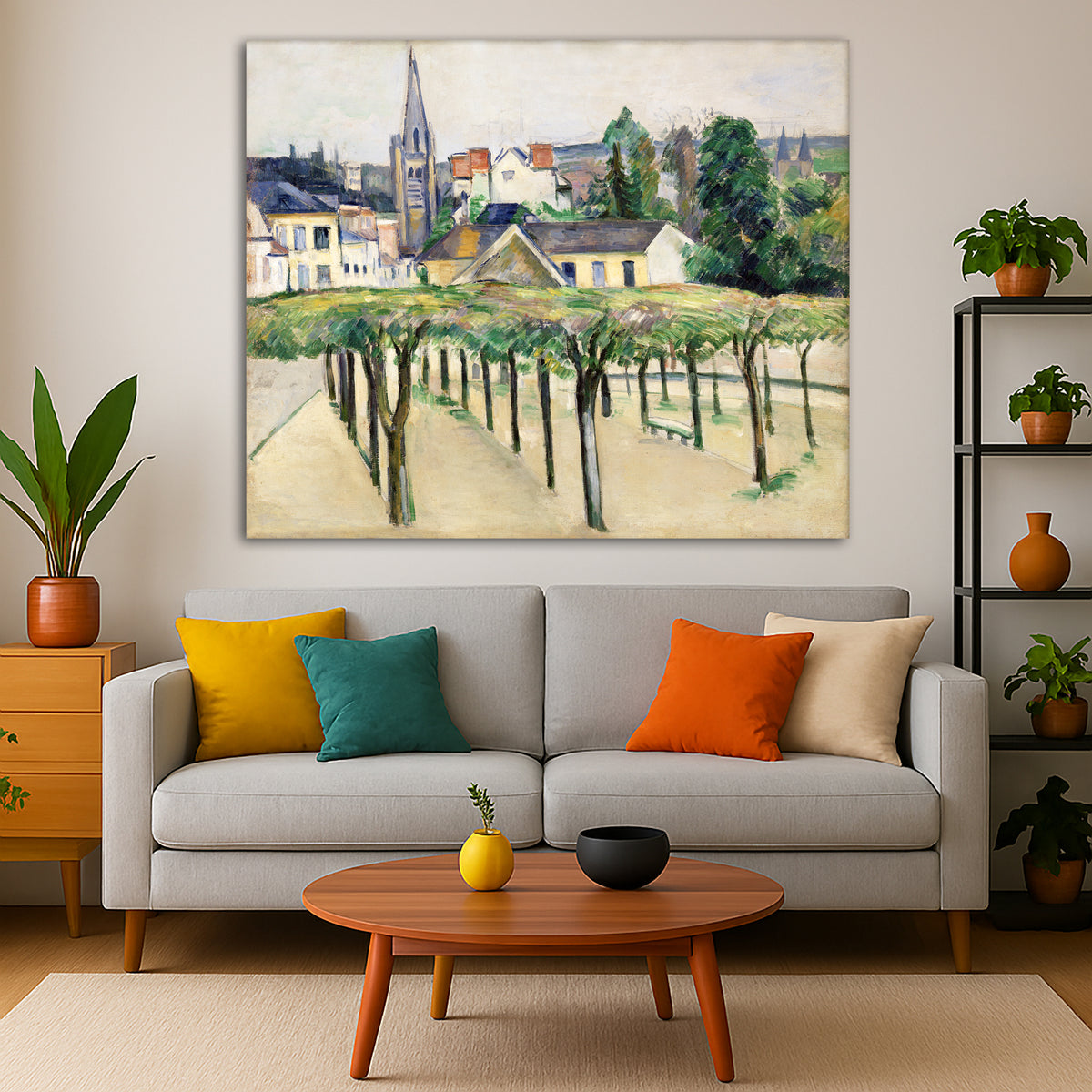Paul Cézanne - Village Square Giclée canvas print displayed in a modern living room interior