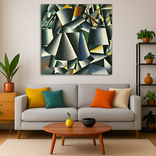 Kazimir Malevich - Woman with Pails Giclée canvas print displayed in a modern living room interior