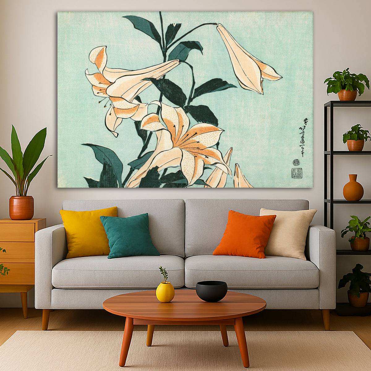 Katsushika Hokusai - Lilies Giclée canvas print displayed in a modern living room interior