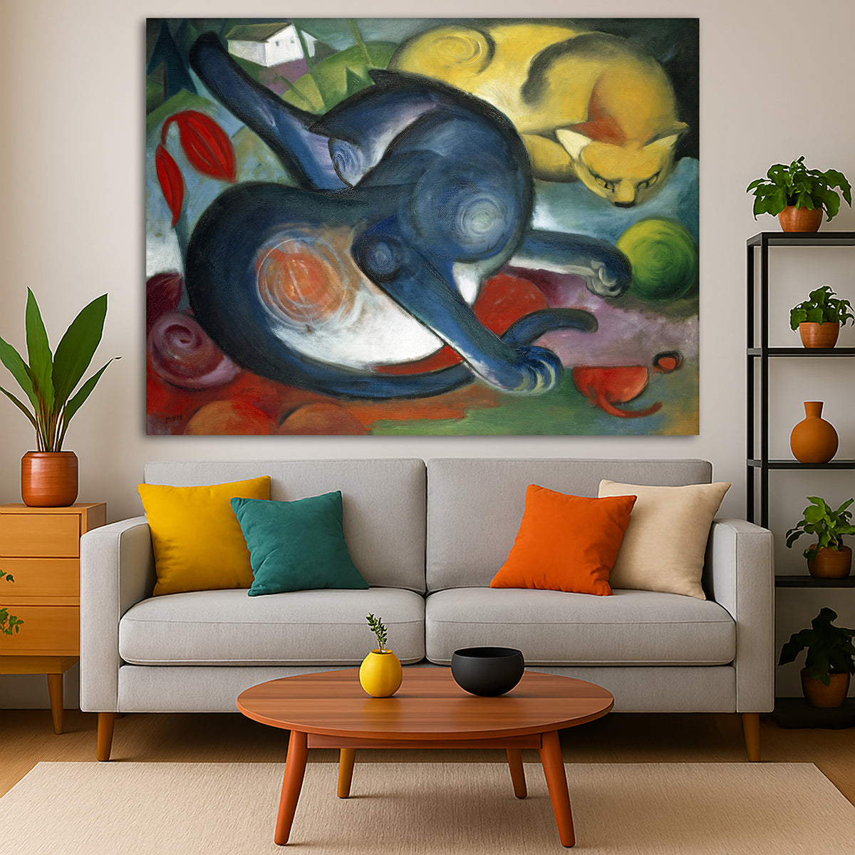 Franz Marc - Two Cats Blue Yellow Giclée canvas print displayed in a modern living room interior