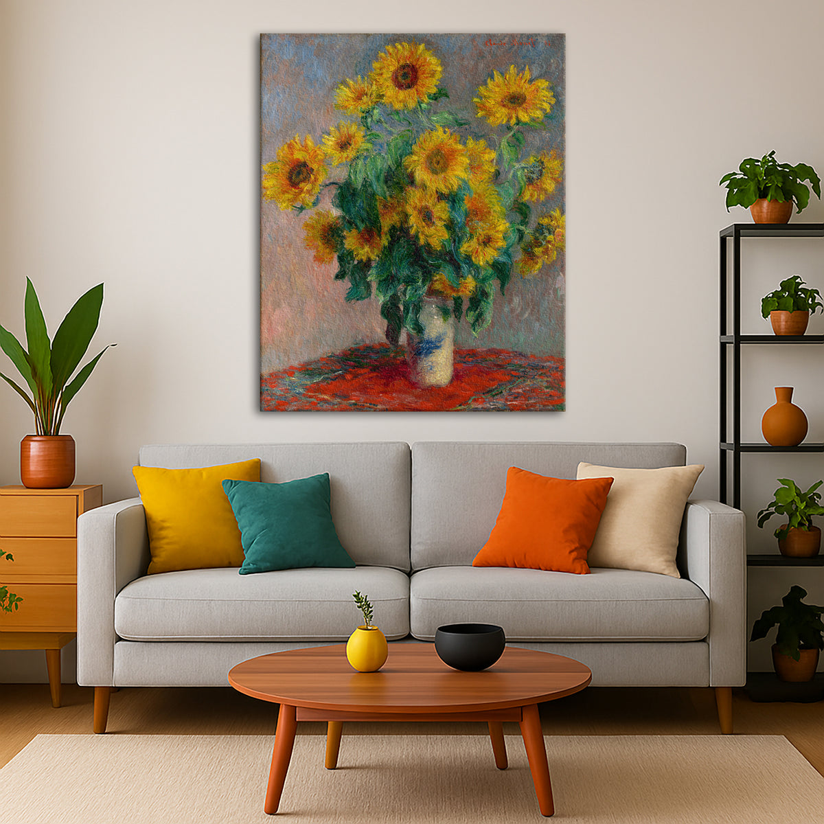 Claude Monet - Sunflowers Giclée canvas print displayed in a modern living room interior