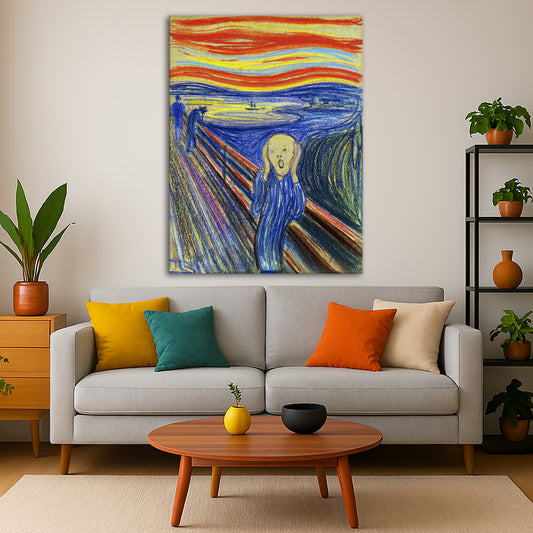 Edvard Munch - The Scream Pastel Giclée canvas print displayed in a modern living room interior