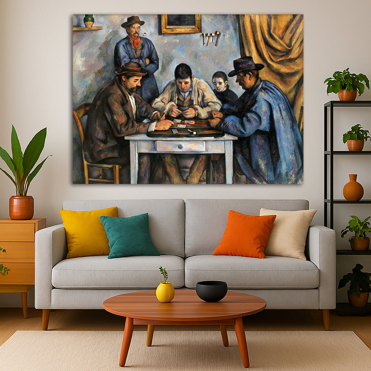 Paul Cézanne - The Card Players Giclée canvas print displayed in a modern living room interior