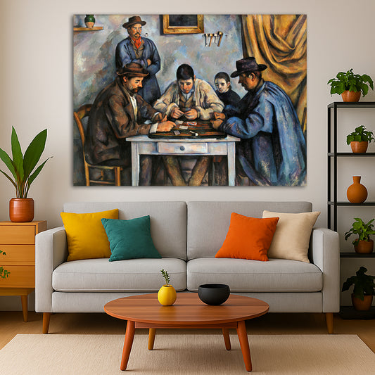 Paul Cézanne - The Card Players Giclée canvas print displayed in a modern living room interior