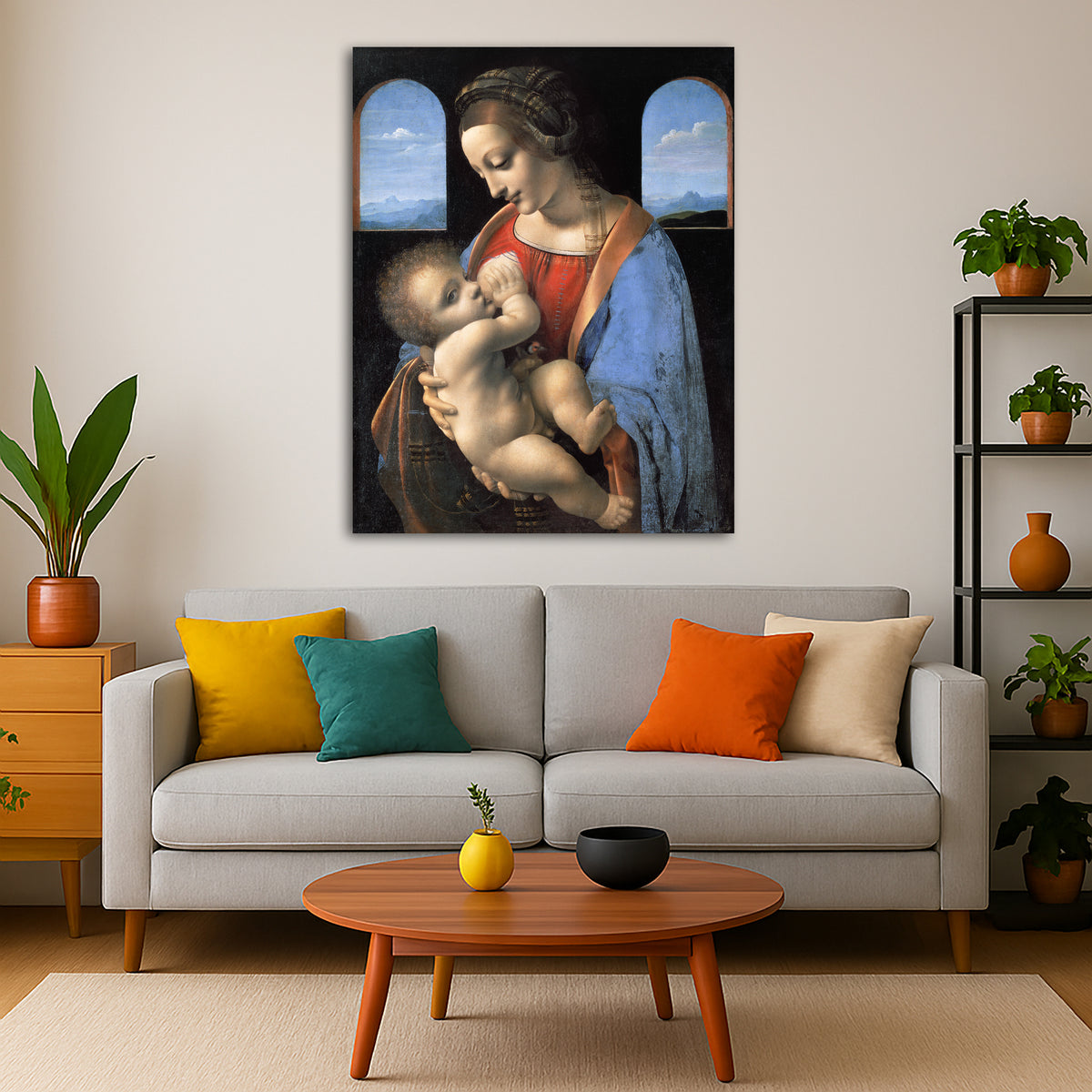 Leonardo Da Vinci - Madonna Litta Giclée canvas print displayed in a modern living room interior