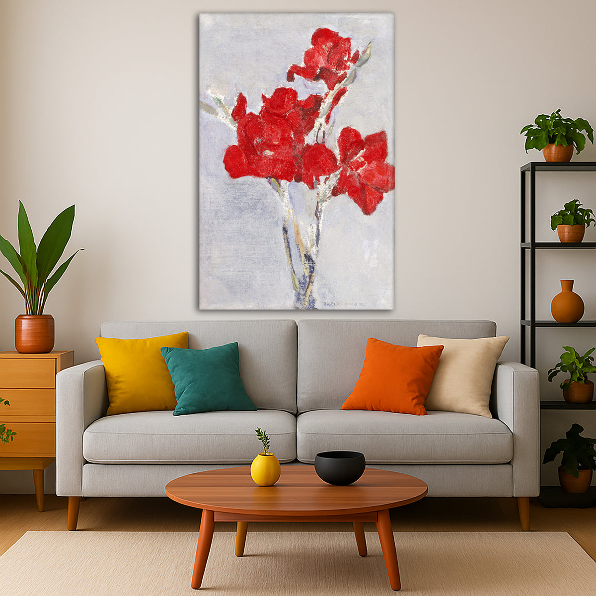 Piet Mondrian - Red Gladioli Giclée canvas print displayed in a modern living room interior