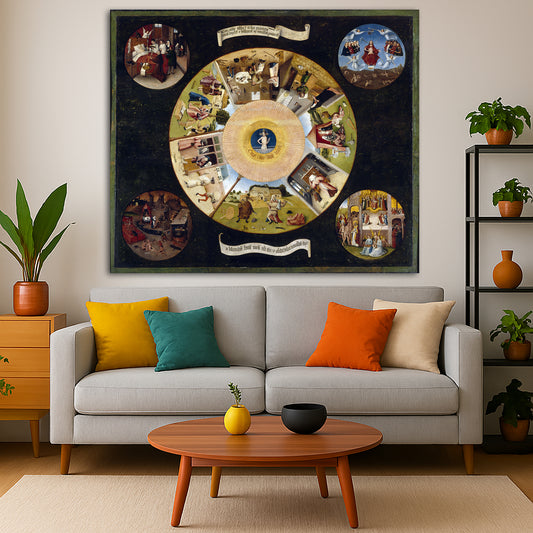 Hieronymus Bosch - Seven Deadly Sins Giclée canvas print displayed in a modern living room interior