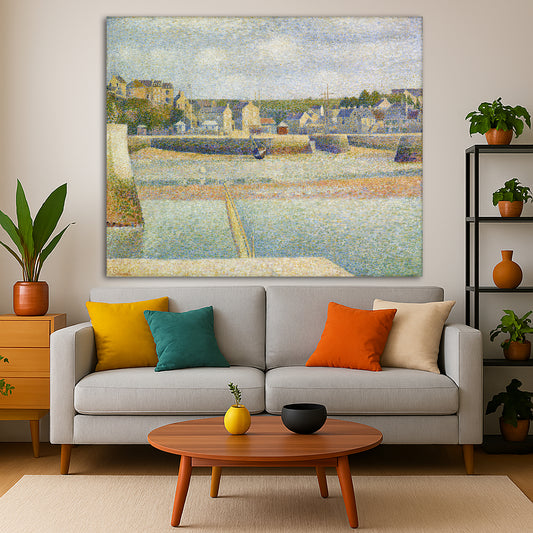 Georges Seurat - The Outer Harbor Giclée canvas print displayed in a modern living room interior