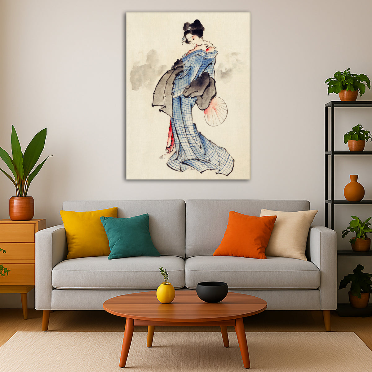 Katsushika Hokusai - Full Length Woman Giclée canvas print displayed in a modern living room interior