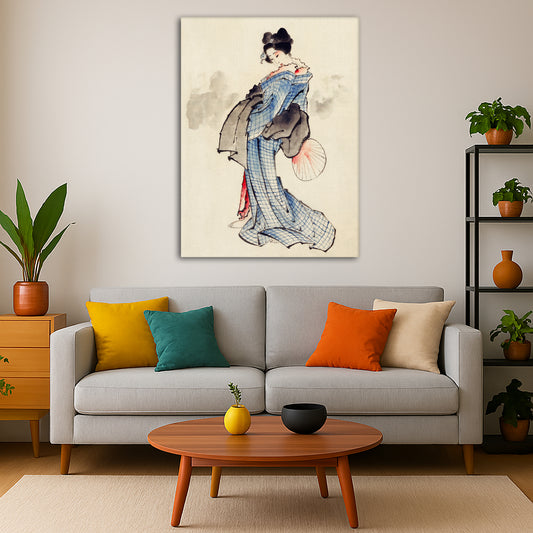 Katsushika Hokusai - Full Length Woman Giclée canvas print displayed in a modern living room interior