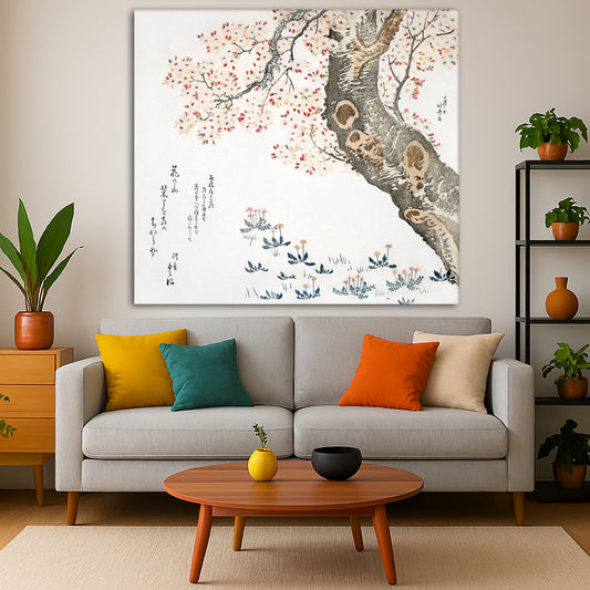 Katsushika Hokusai - Cherry Blossoms Giclée canvas print displayed in a modern living room interior