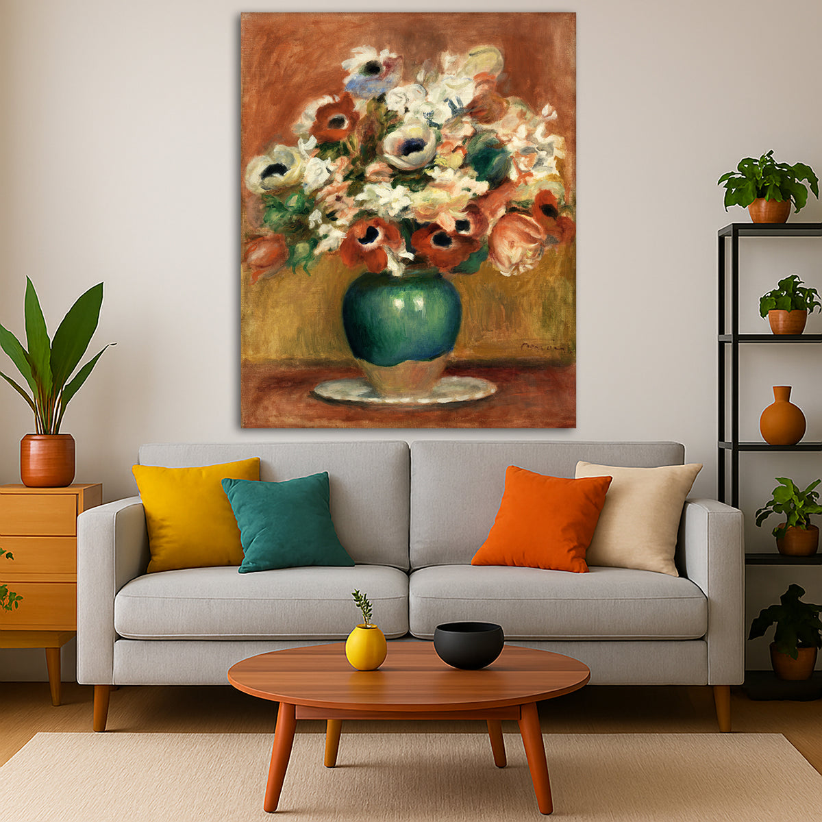 Pierre-Auguste Renoir - Flowers Giclée canvas print displayed in a modern living room interior