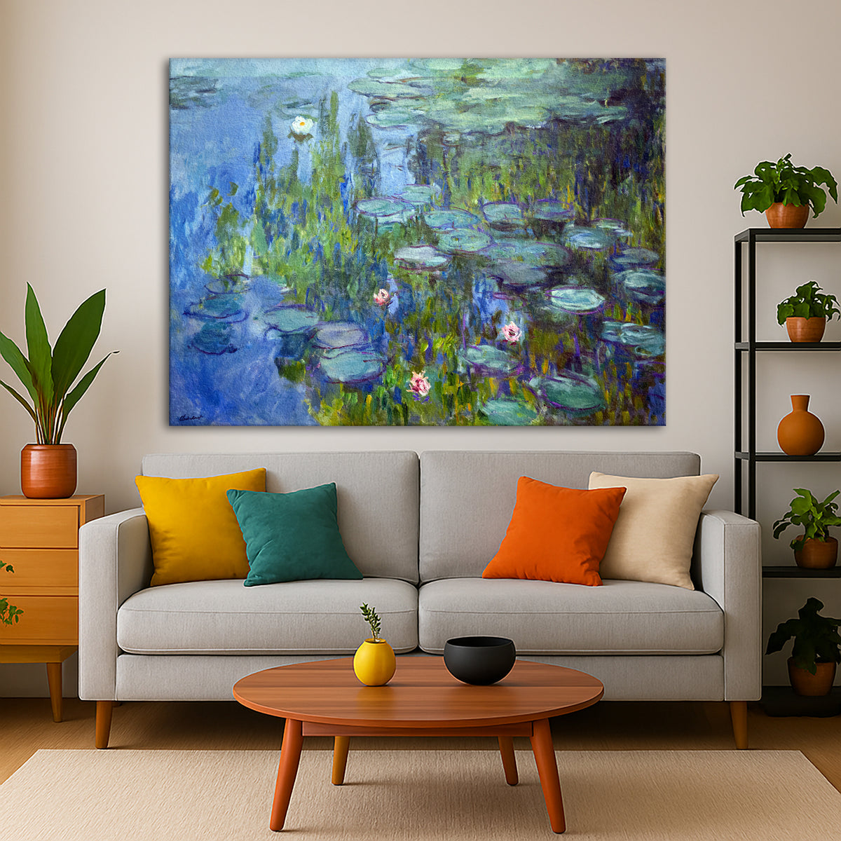 Claude Monet - Water Lilies Giclée canvas print displayed in a modern living room interior