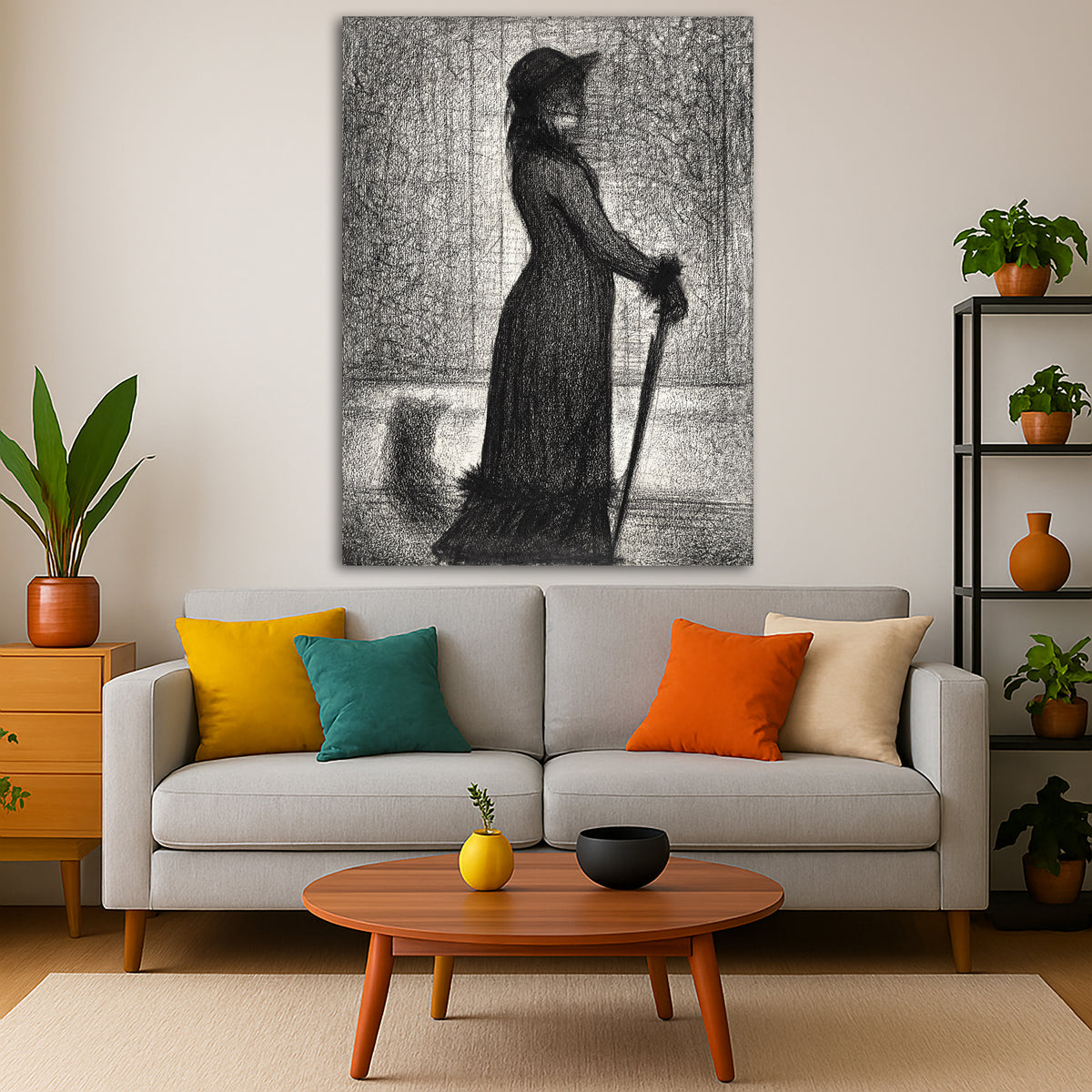 Georges Seurat - Woman Walking Giclée canvas print displayed in a modern living room interior