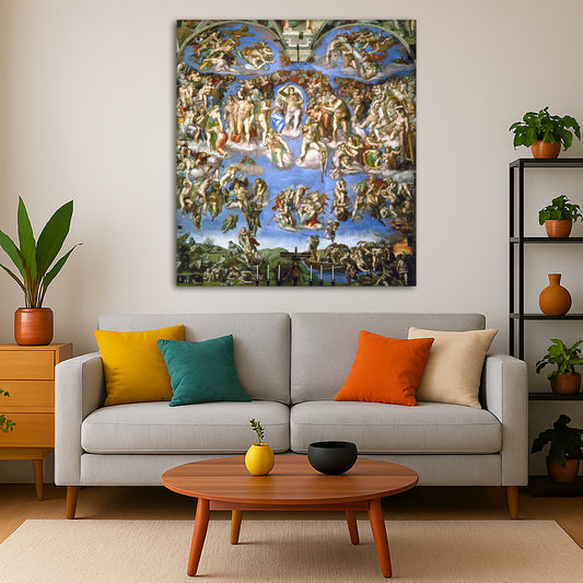 Michelangelo - Last Judgment Giclée canvas print displayed in a modern living room interior