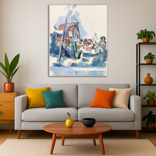 Paul Cézanne - Church at Montigny Giclée canvas print displayed in a modern living room interior
