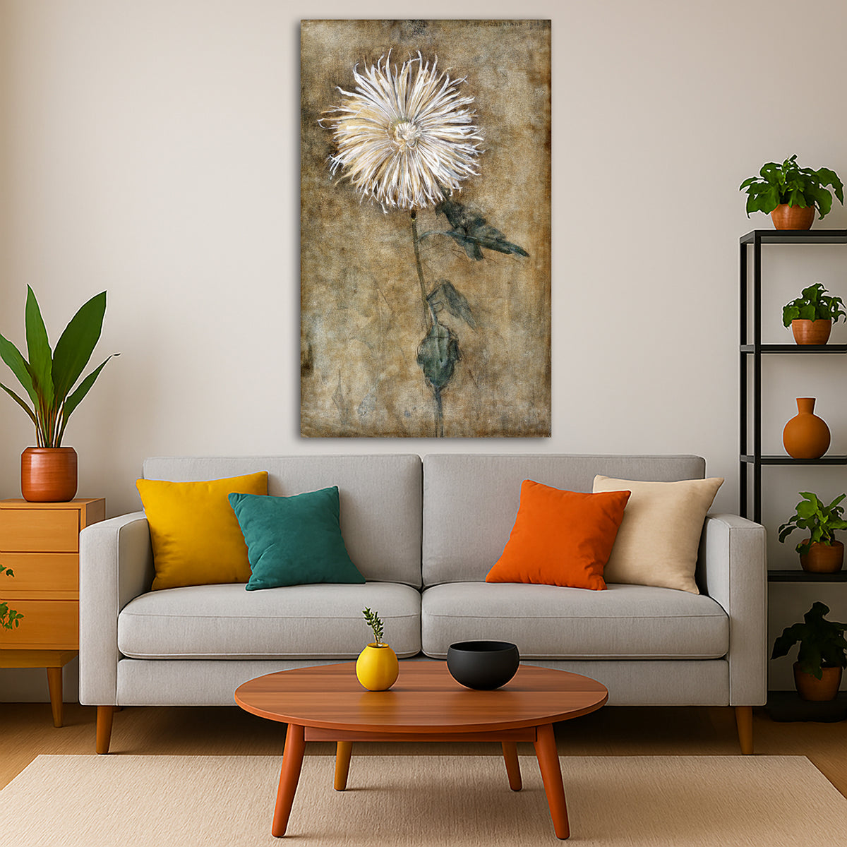 Piet Mondrian - Chrysanthemum Giclée canvas print displayed in a modern living room interior
