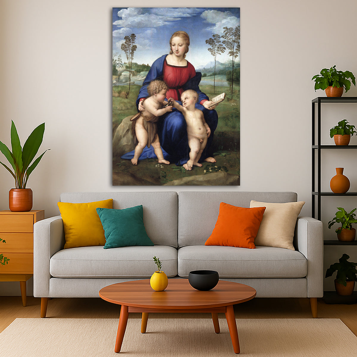 Raphael - Madonna of the Goldfinch Giclée canvas print displayed in a modern living room interior
