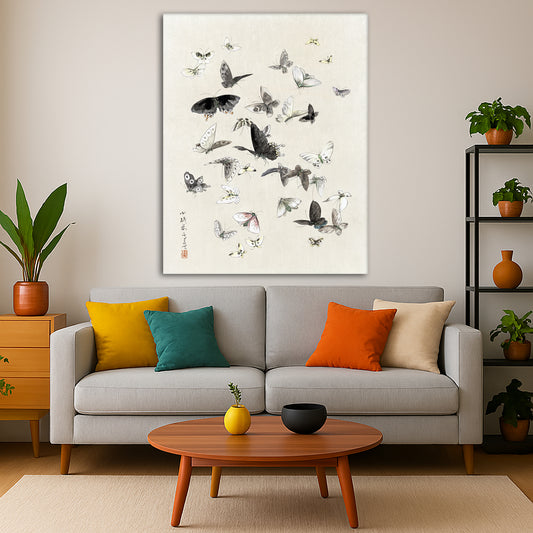 Katsushika Hokusai - Butterflies Giclée canvas print displayed in a modern living room interior